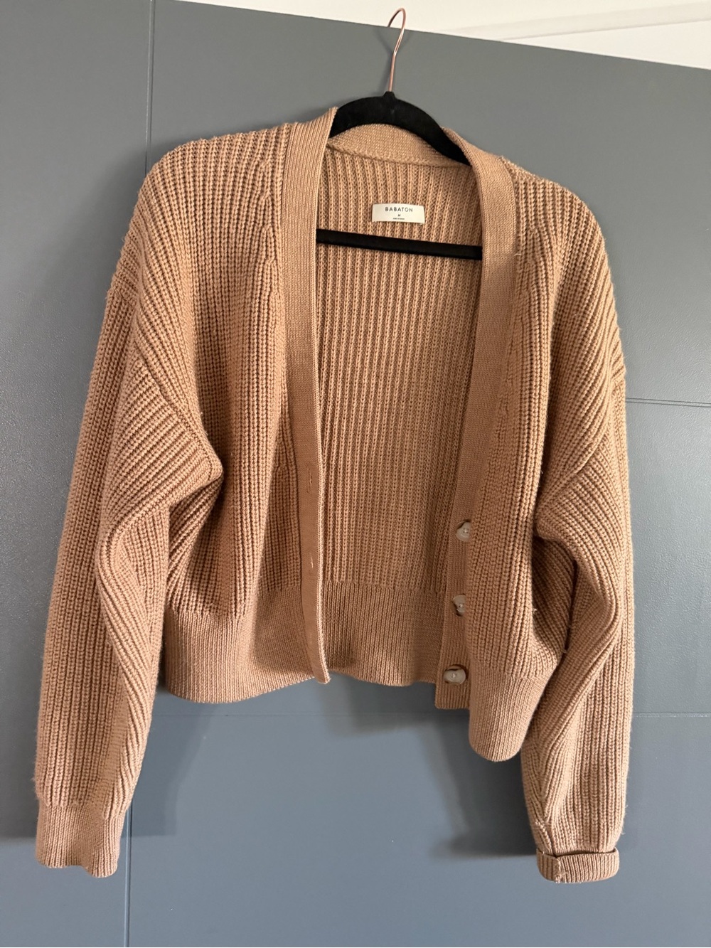 Babaton Ribbed Cropped Cardigan in Camel Tan